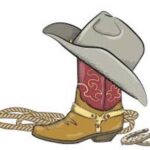 Cowboy boot, hat, and rope